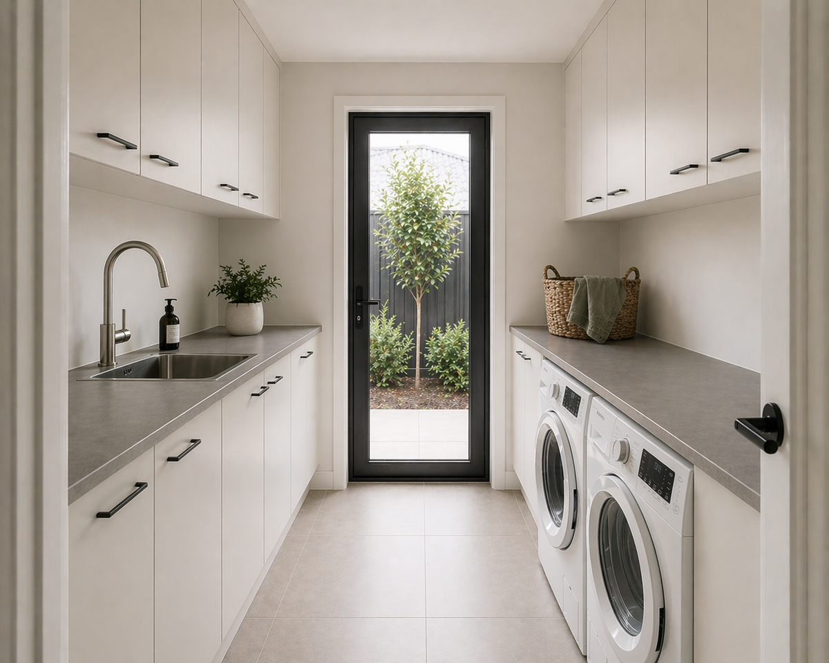 White Laundry cabinets with black handles and a grey benchtop