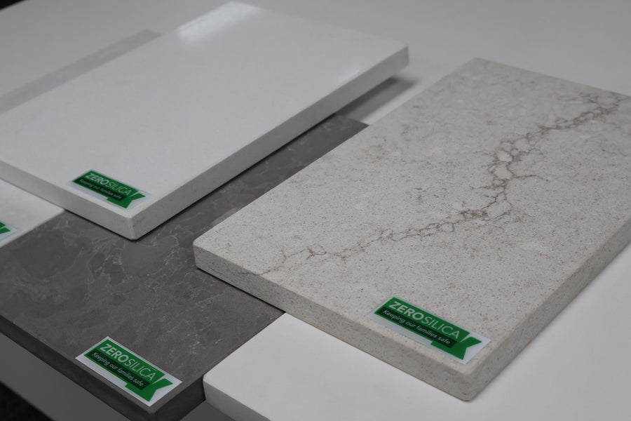 White, grey and veined Zero Silica stone benchtop samples